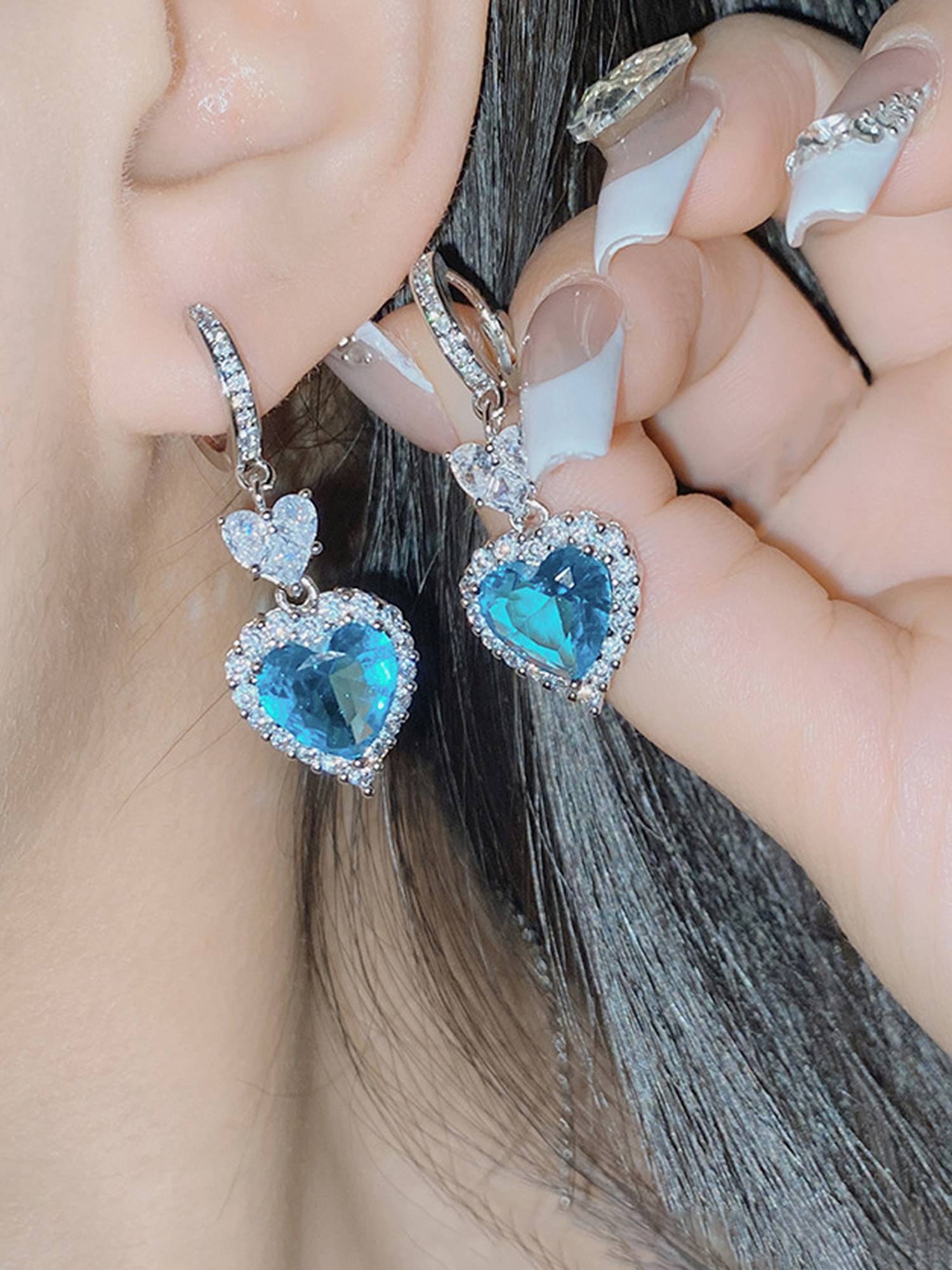 Jewels Galaxy Womens Blue Silver Plated American Diamond Studded Heart Shaped Hoop Earrings