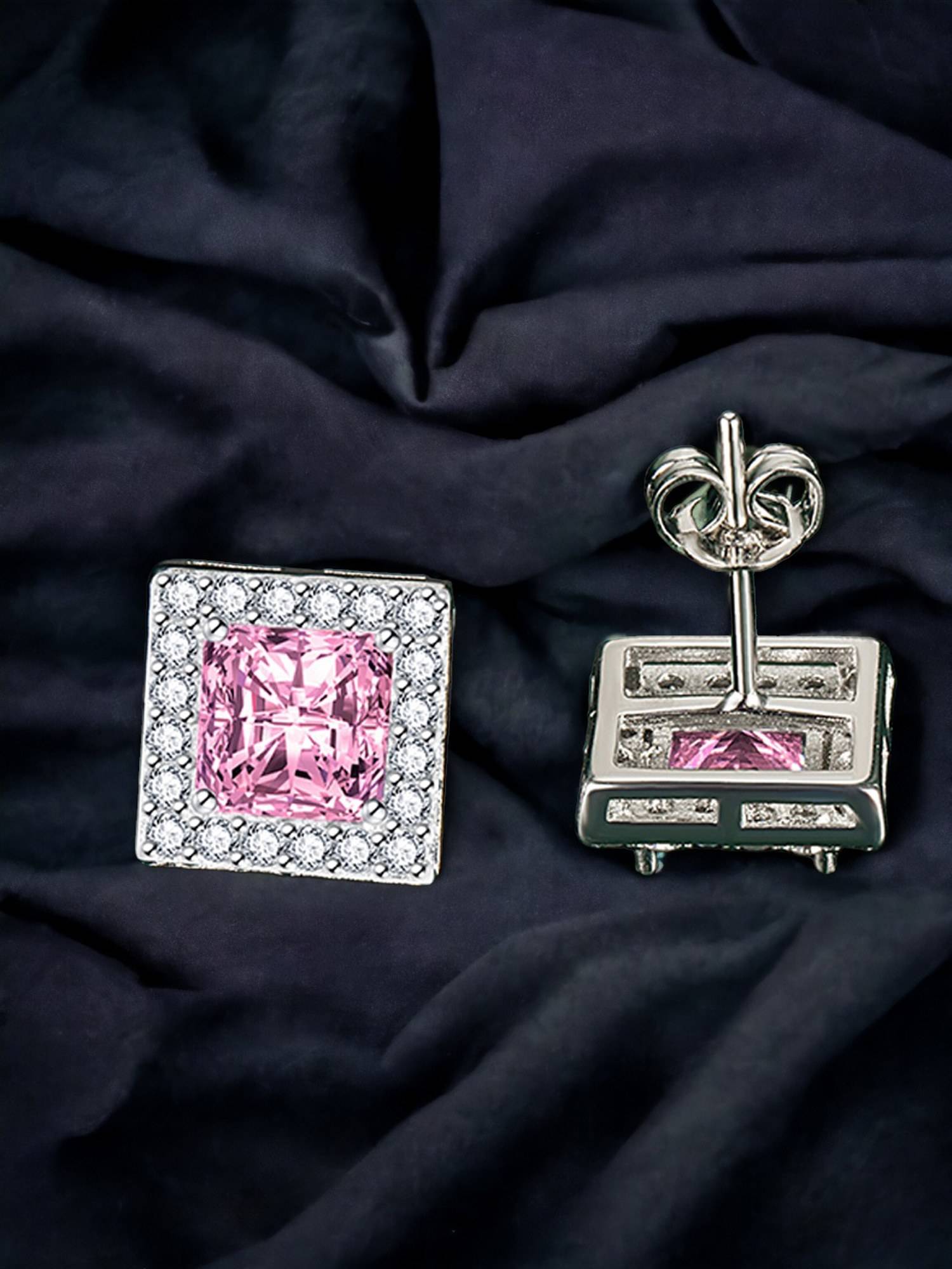 Jewels Galaxy Silver Plated Cz Studded Anti Tarnish Pink Square Crushed Ice Cut Stud Earrings