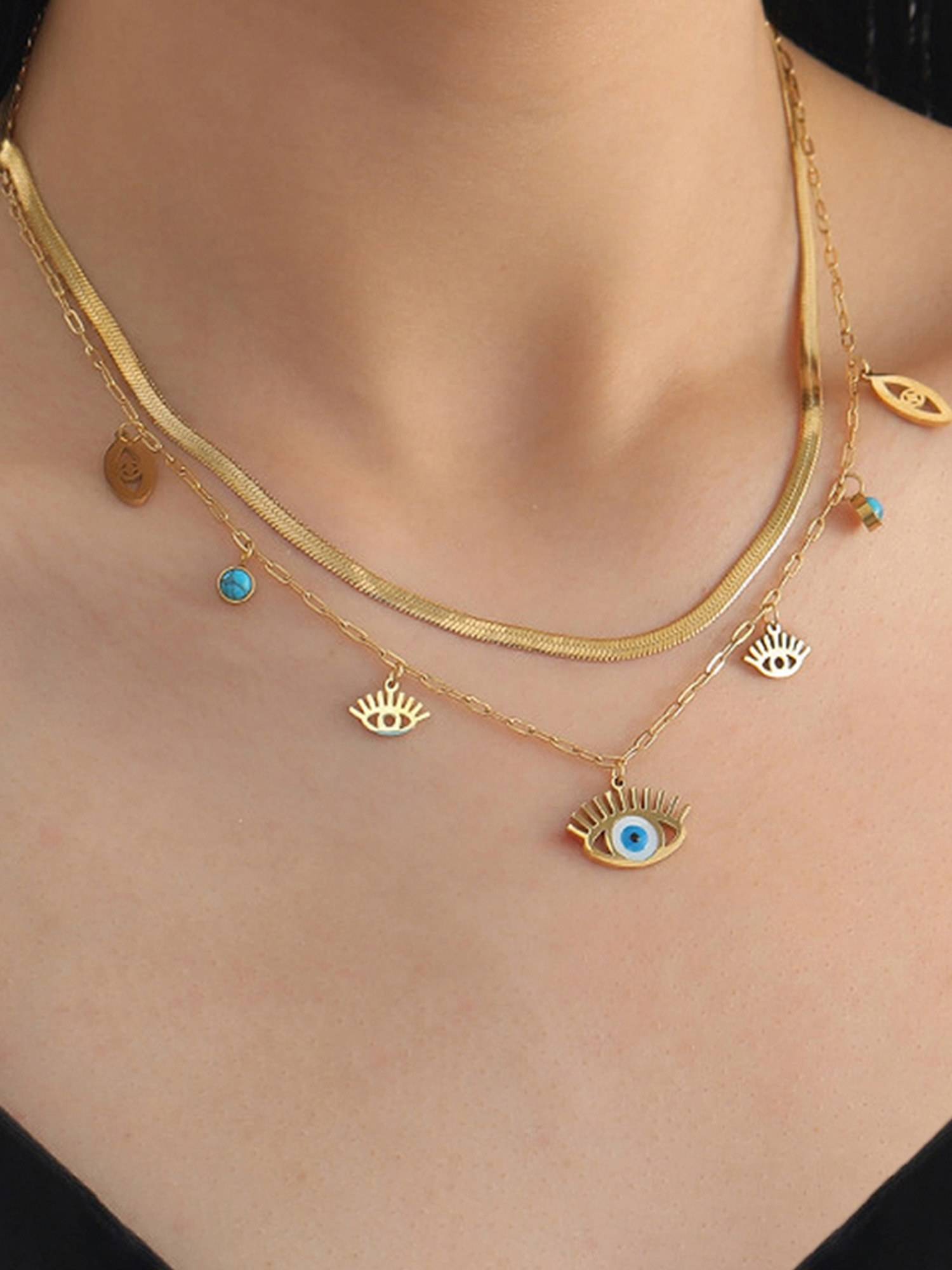Jewels Galaxy Gold Plated Stainless Steel Anti Tarnish Evil Eye Themed Dual Strand Necklace