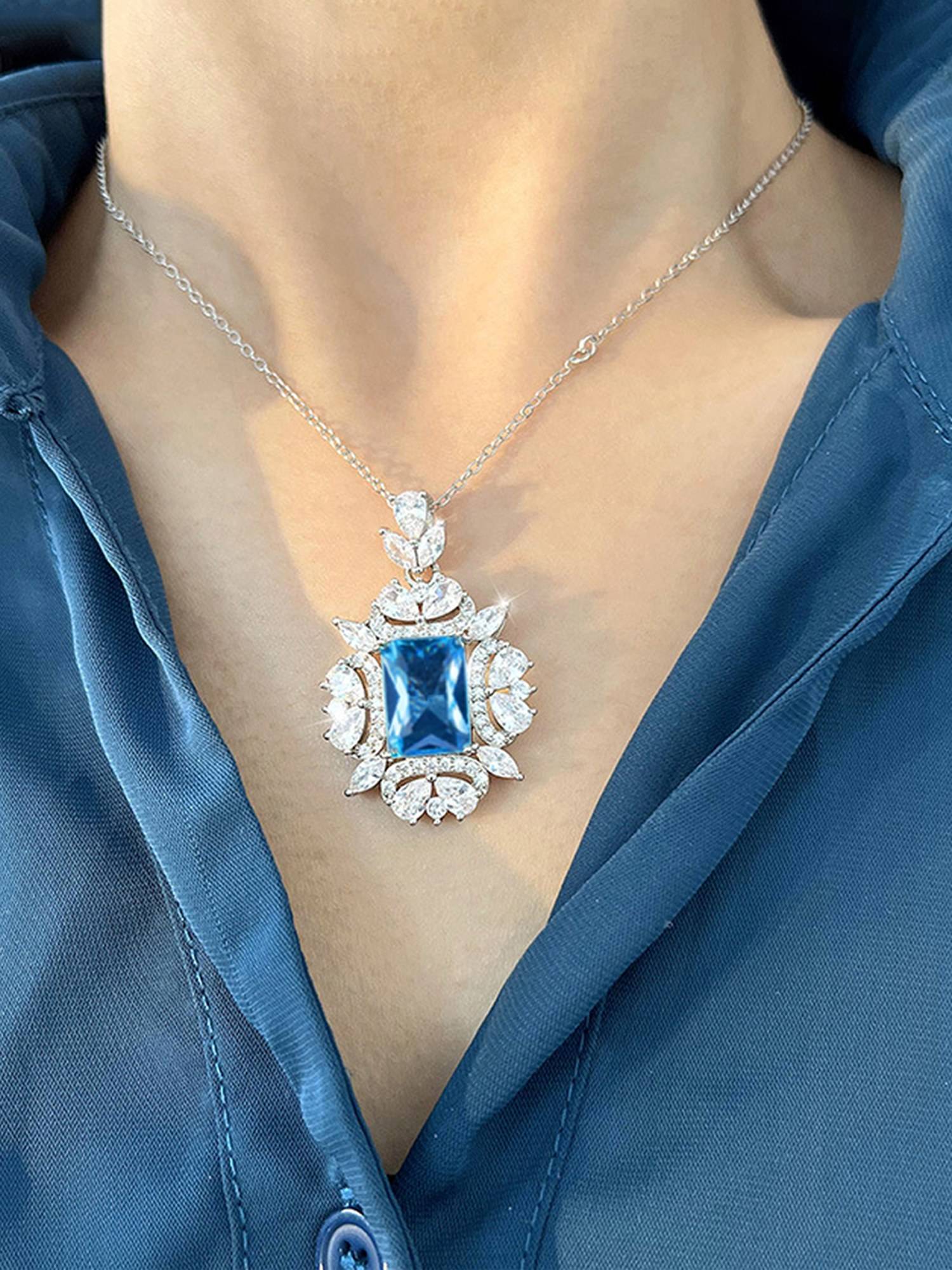 Jewels Galaxy Blue Silver Plated Cubic Zirconia Studded Contemporary Necklace