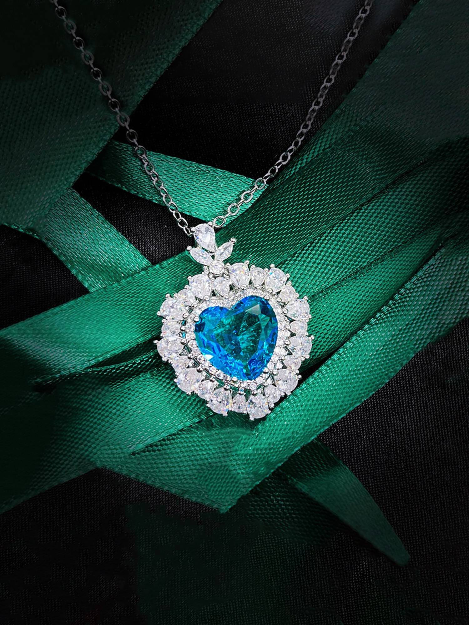 Jewels Galaxy Blue Silver Plated Cubic Zirconia Heart Shaped Necklaces