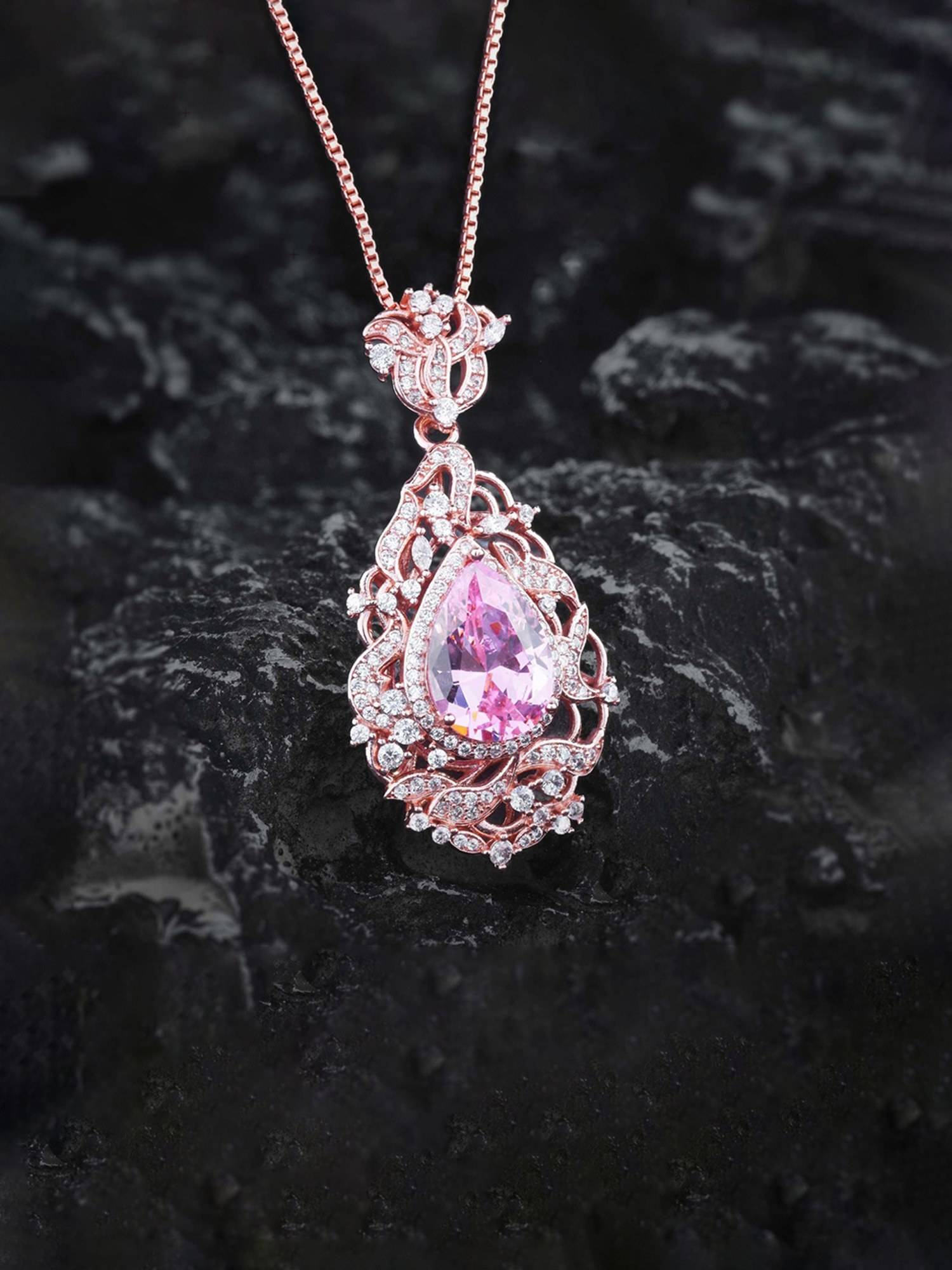 Jewels Galaxy Pink Rose Gold Plated Cubic Zirconia Studded Teardrop Shaped Necklace
