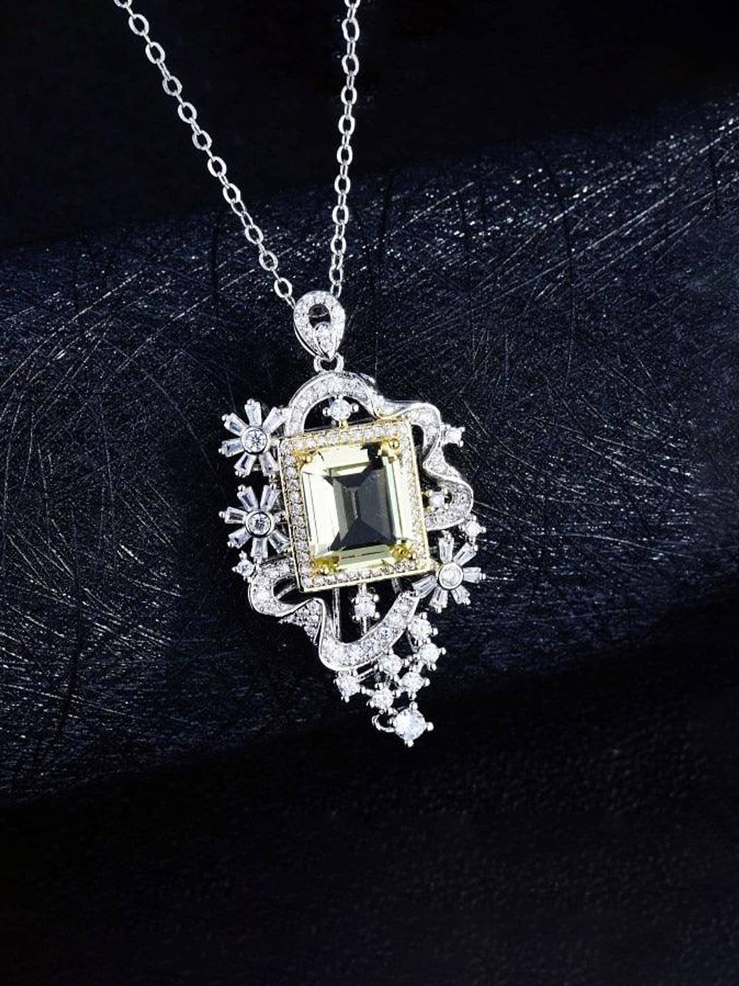 Jewels Galaxy Yellow Silver Plated Cubic Zirconia Studded Square Shaped Necklace