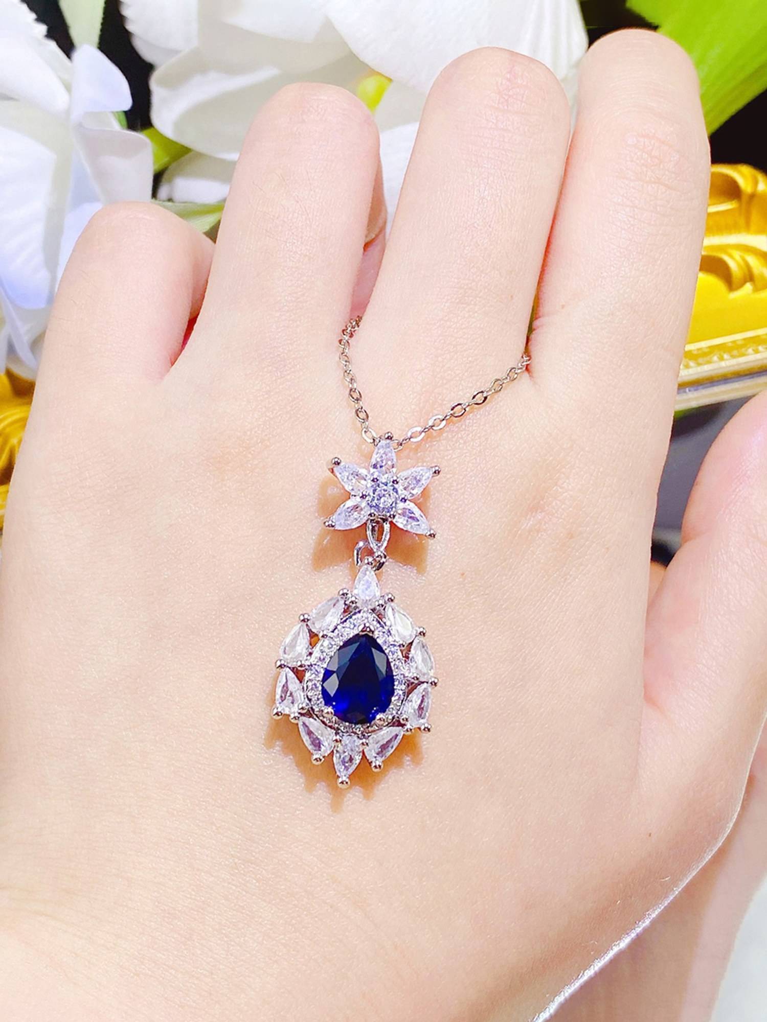 Jewels Galaxy Blue Silver Plated Cubic Zirconia Contemporary Shaped Necklace
