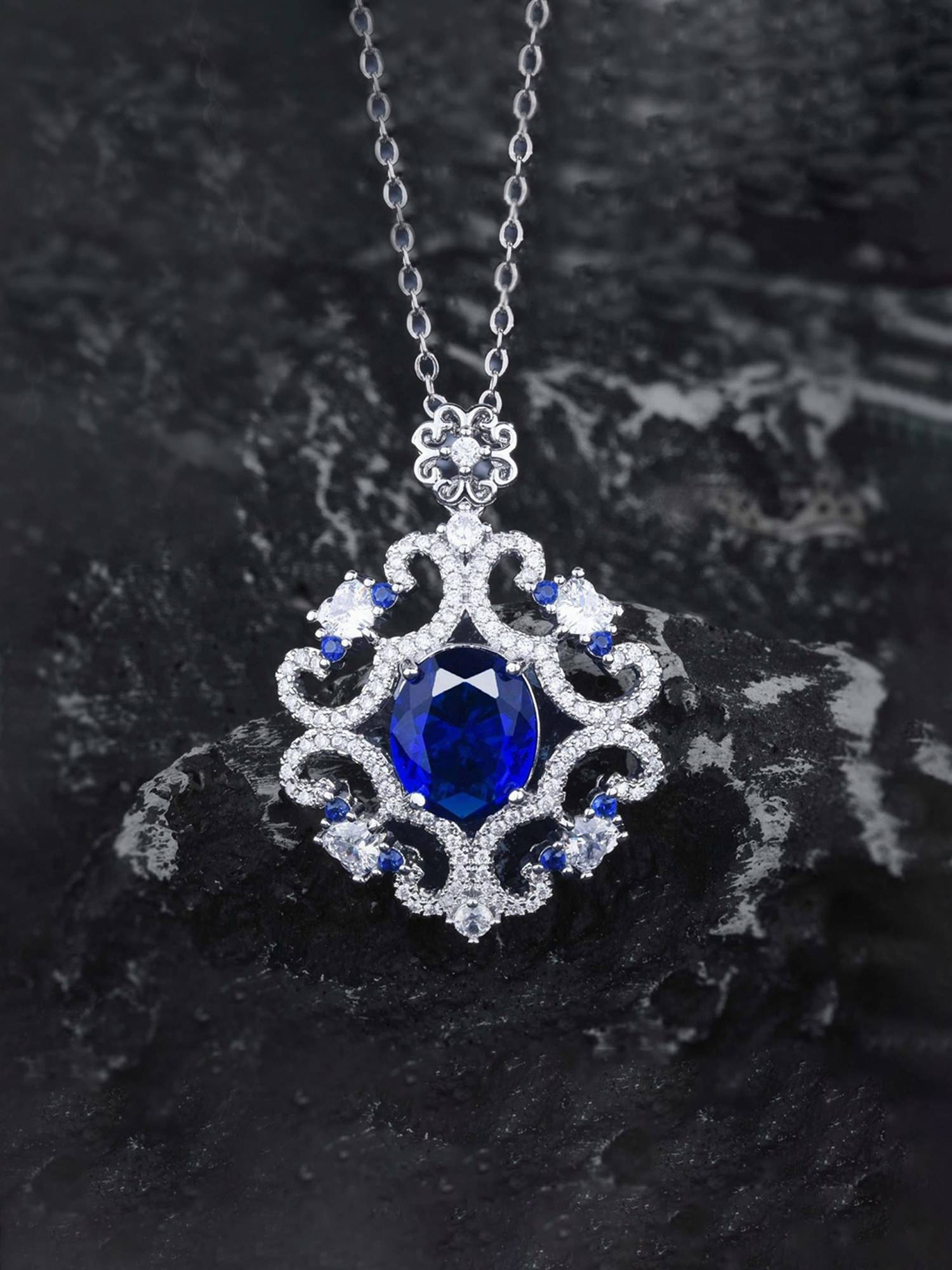Jewels Galaxy Blue Silver Plated Cubic Zirconia Contemporary Necklace