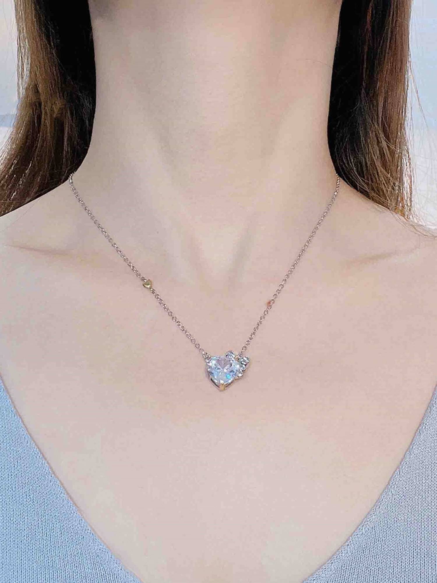 Jewels Galaxy White Silver Plated Cubic Zirconia Heart Shaped Necklace