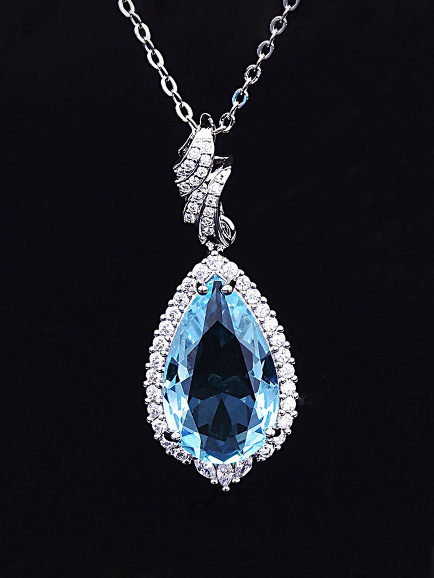 Jewels Galaxy Silver Plated American Diamond Stylish Blue Teardrop Shape Pendant Necklace