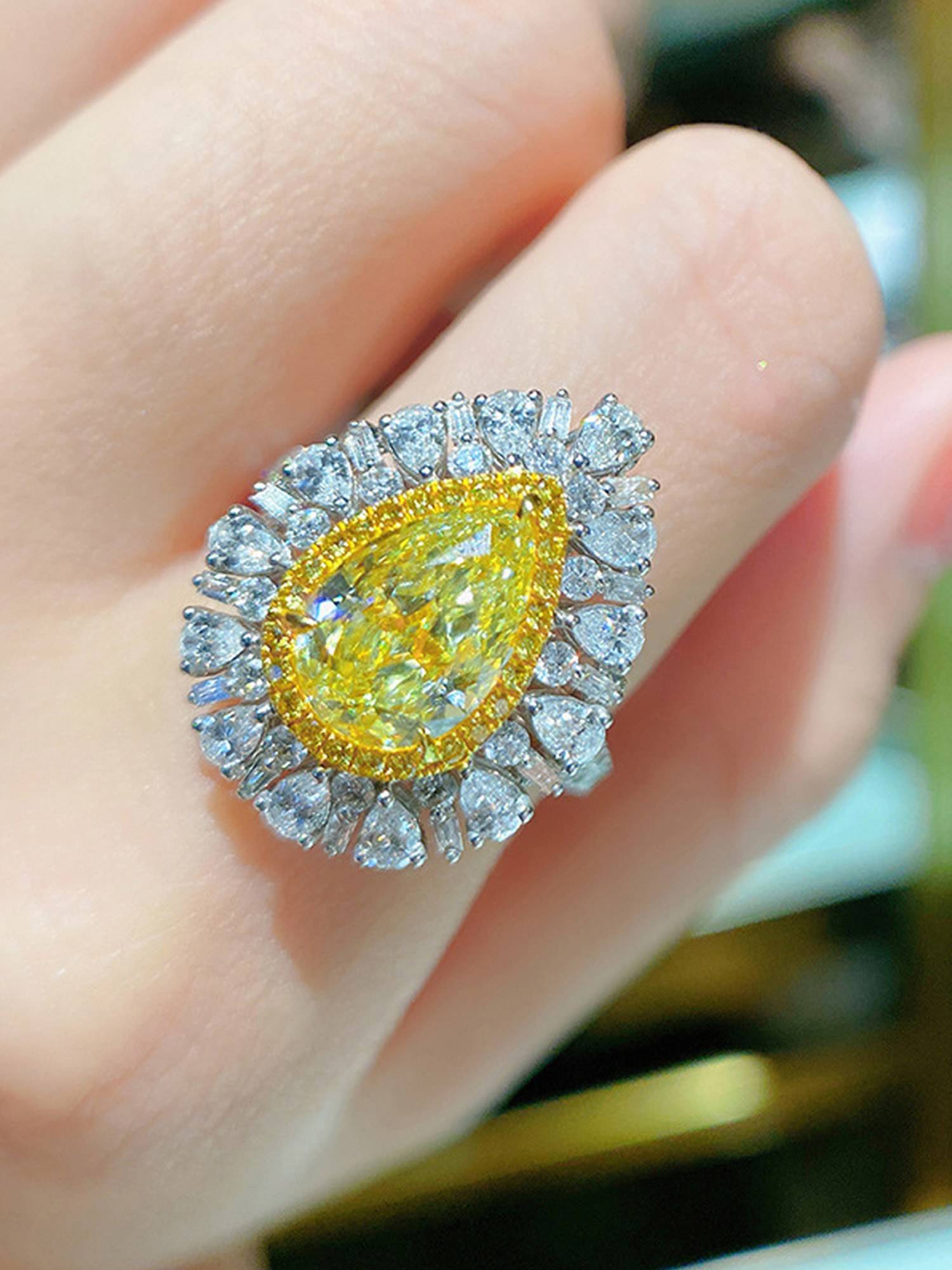 Jewels Galaxy Silver Plated American Diamond Crushed Ice Cut Yellow Teardrop Cocktail Finger Ring