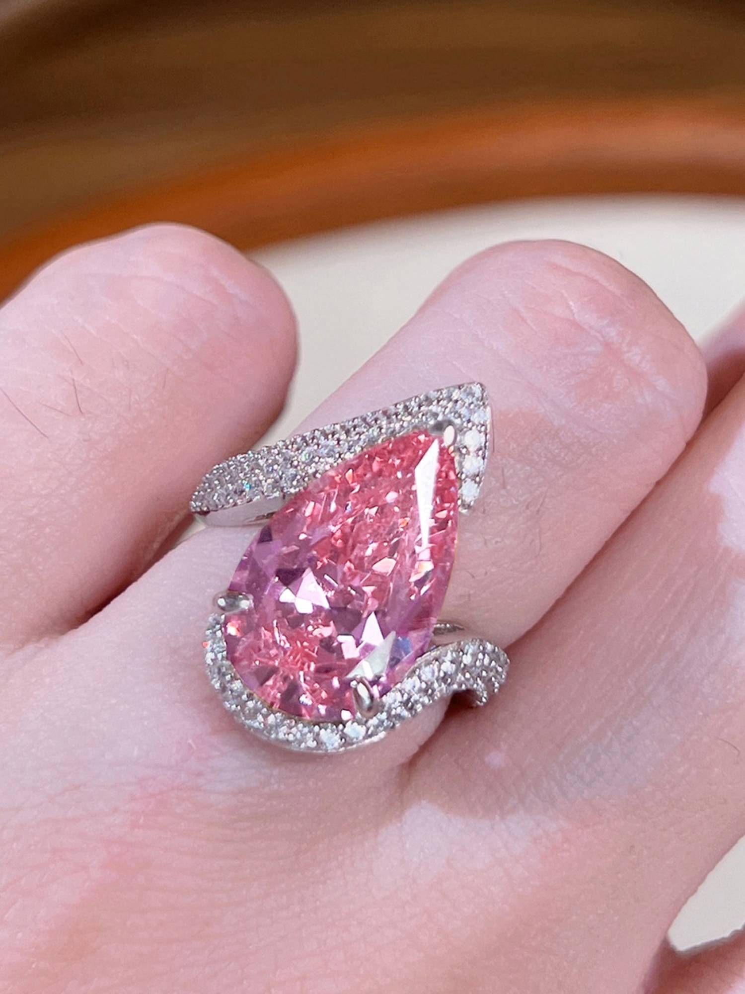 Jewels Galaxy Silver Plated American Diamond Crushed Ice Cut Pink Teardrop Finger Ring