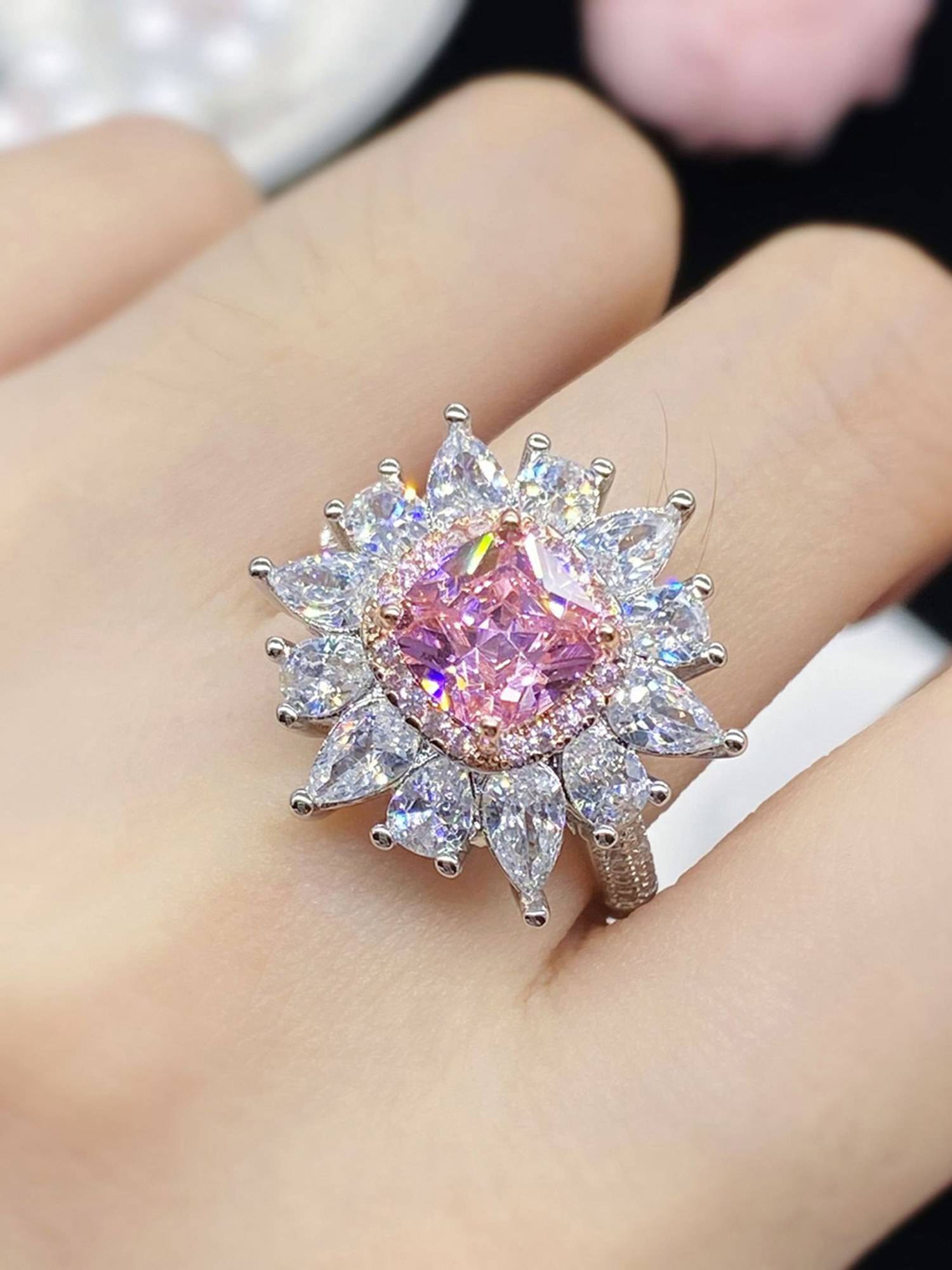 Jewels Galaxy Silver Plated American Diamond Crushed Ice Cut Pink Floral Cocktail Finger Ring