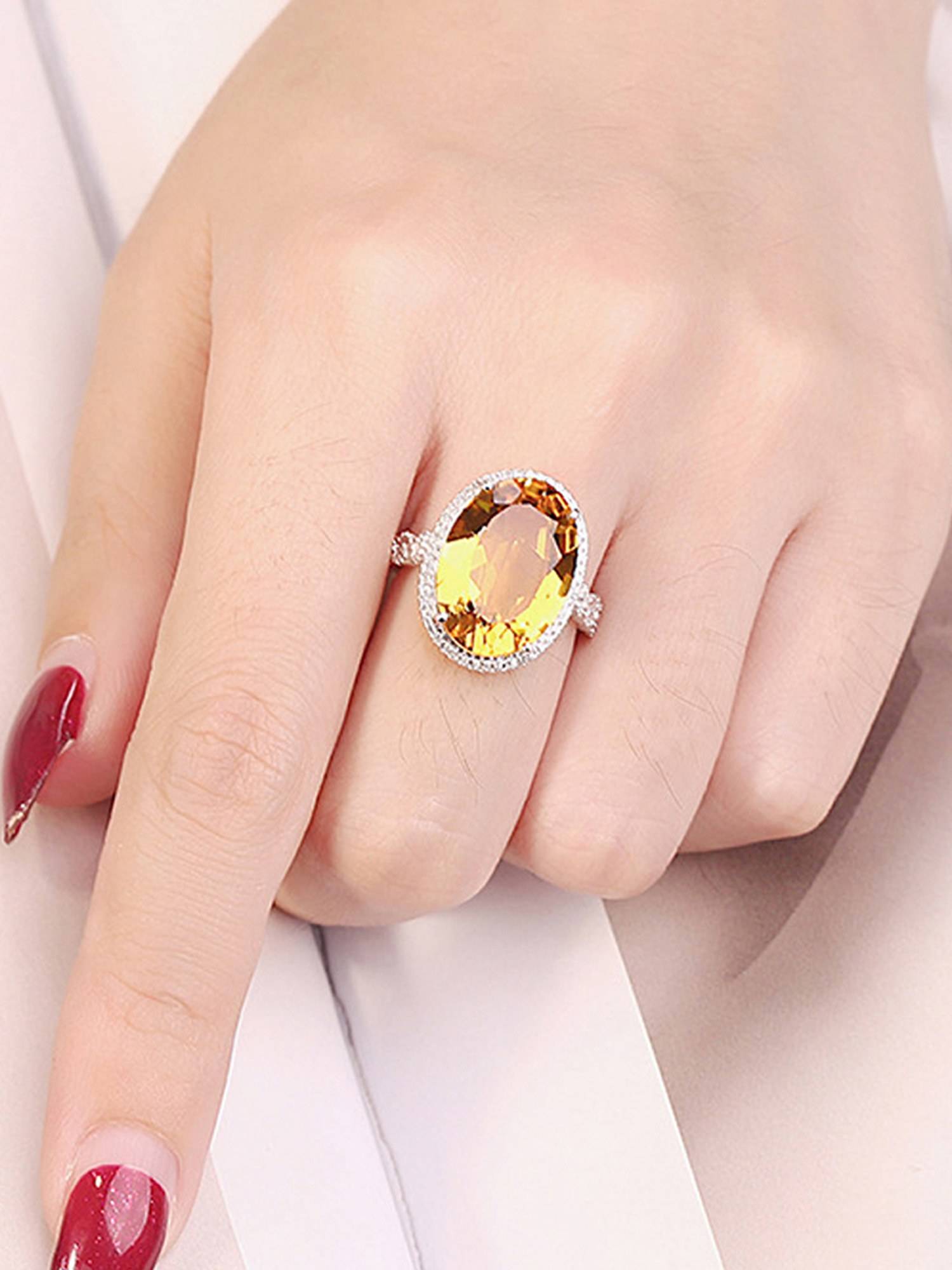 Jewels Galaxy Silver Plated American Diamond Crushed Ice Cut Yellow Oval Finger Ring