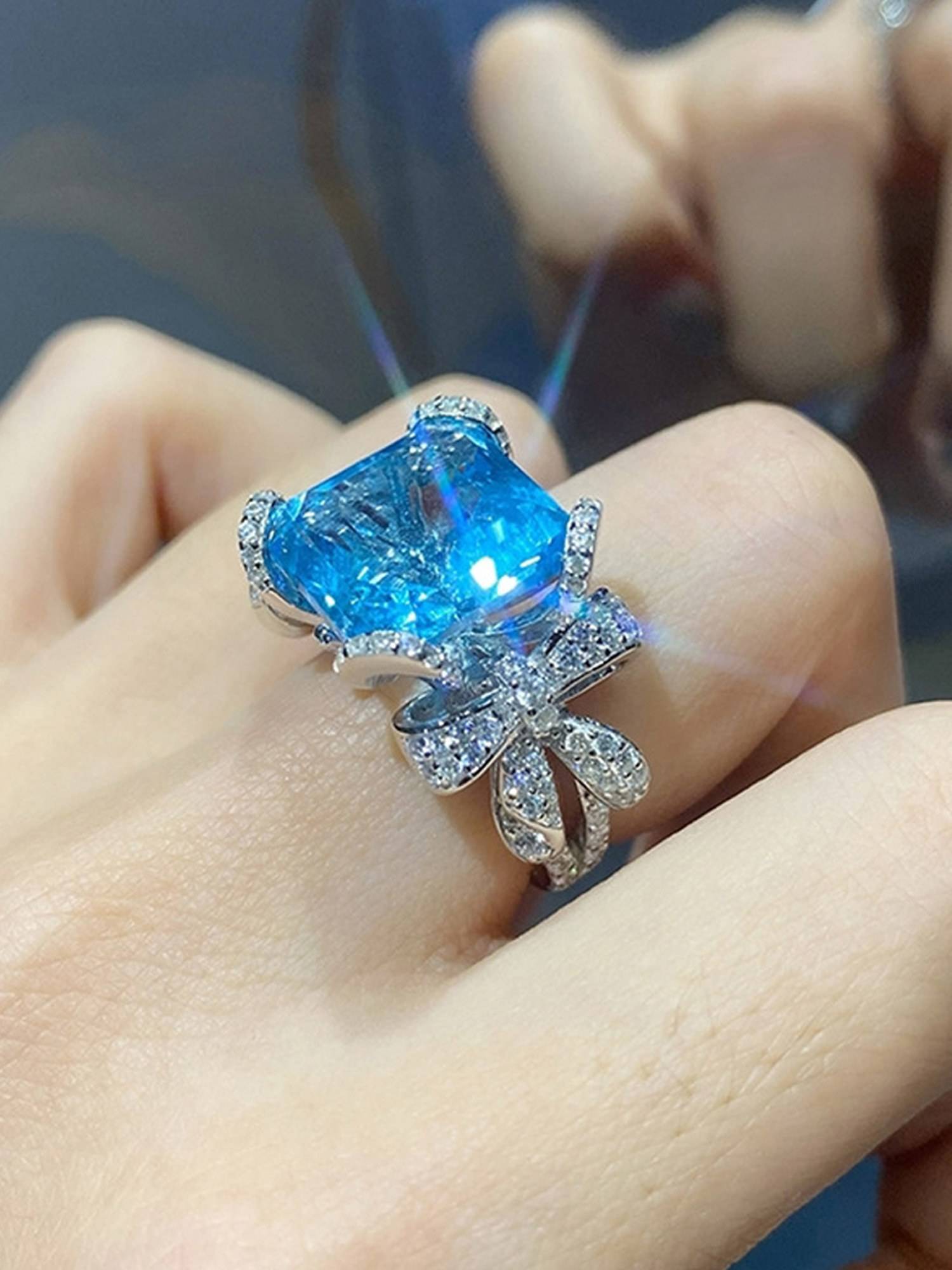 Jewels Galaxy Silver Plated American Diamond Crushed Ice Cut Blue Contemporary Finger Ring
