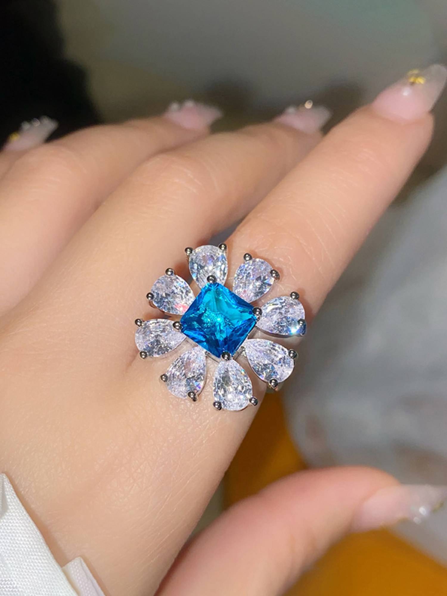 Jewels Galaxy Womens Blue Floral Silver Plated Cubic Zirconia Studded Ring