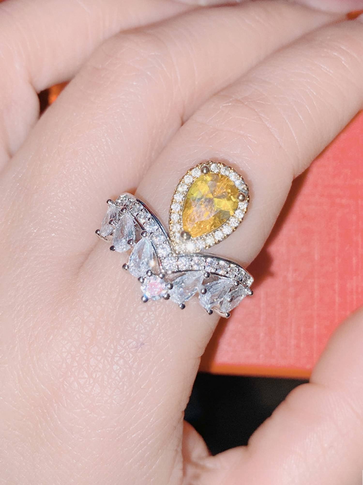 Jewels Galaxy Yellow Silver Plated American Diamond Stone Studded Ring