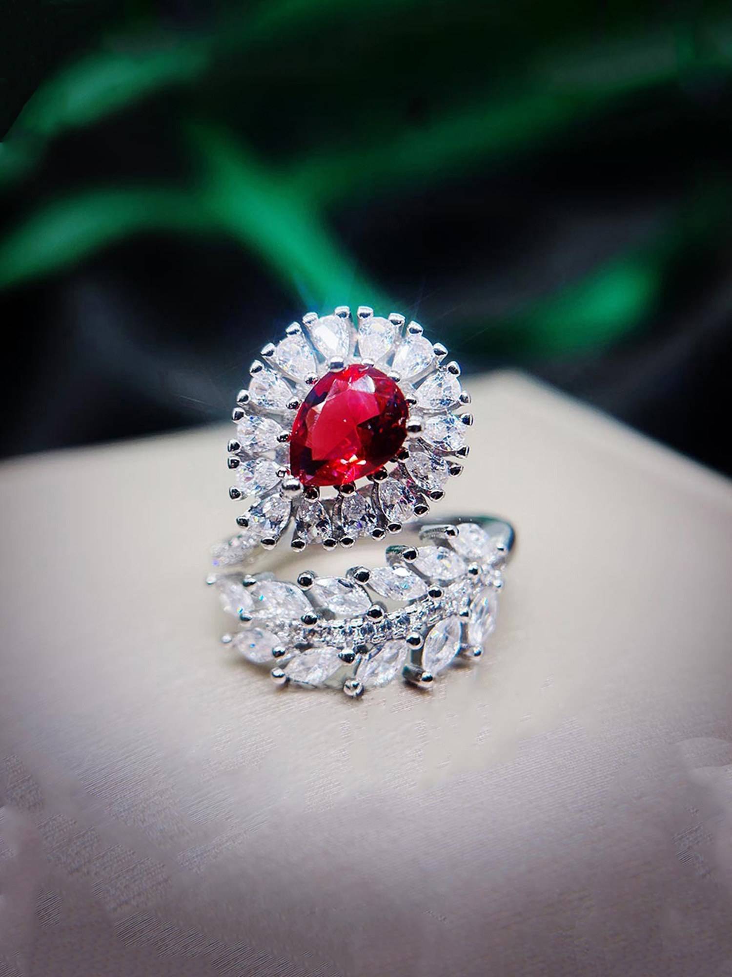 Jewels Galaxy Red Silver Plated Cubic Zirconia Studded Ring