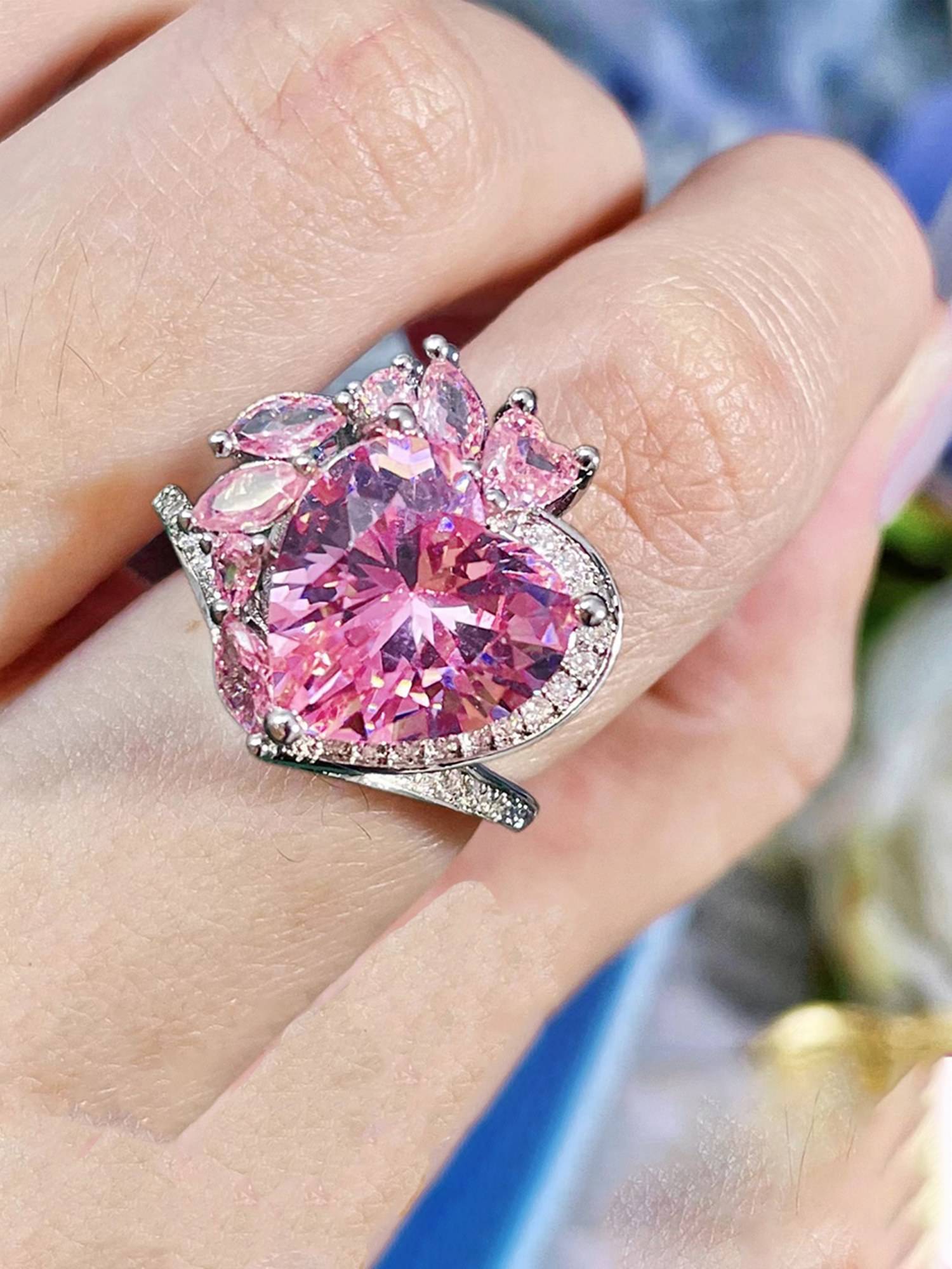 Jewels Galaxy Pink Silver Plated Cubic Zirconia Studded Ring