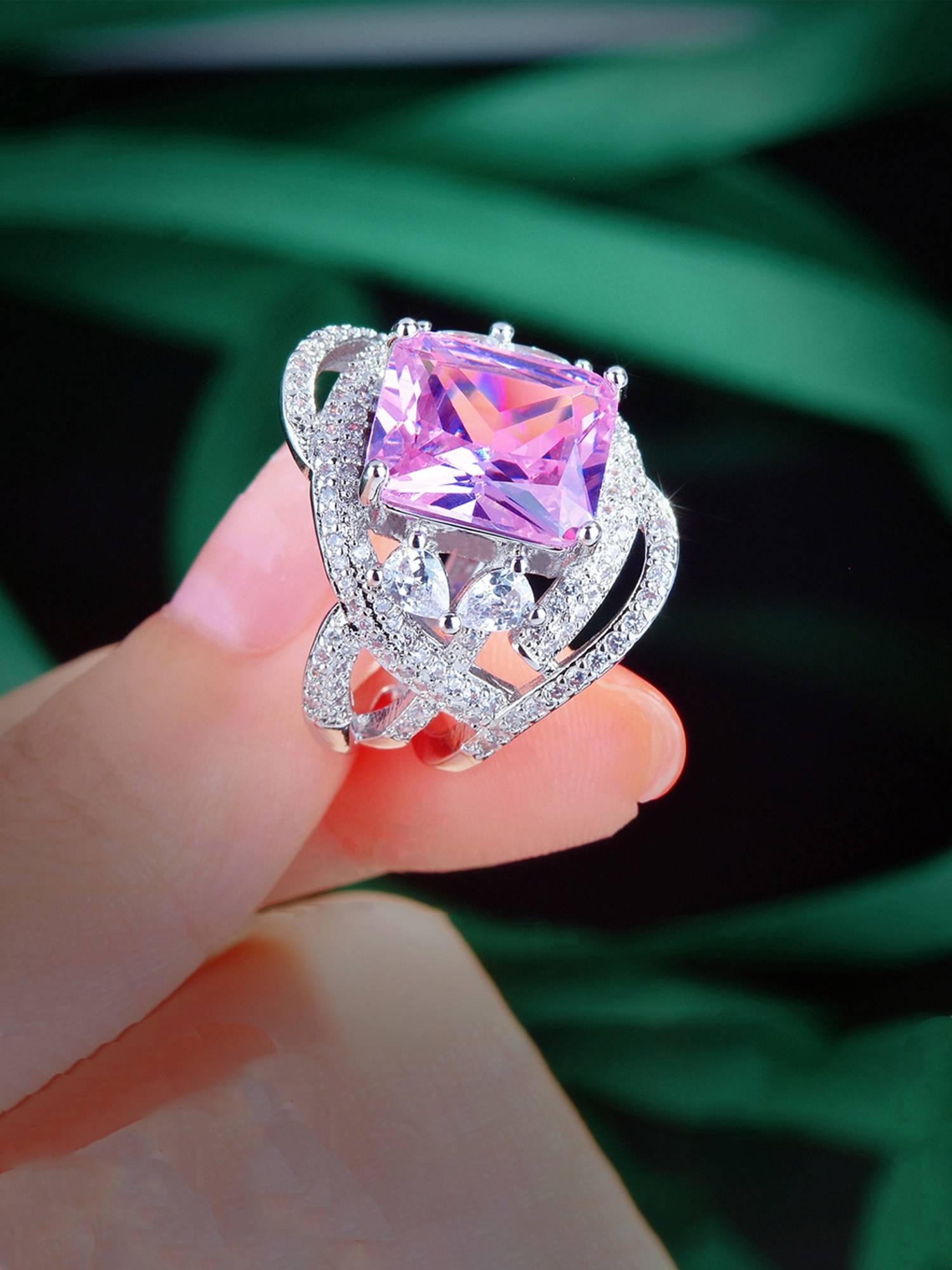 Jewels Galaxy Pink Sliver Plated Cubic Zirconia Studded Ring