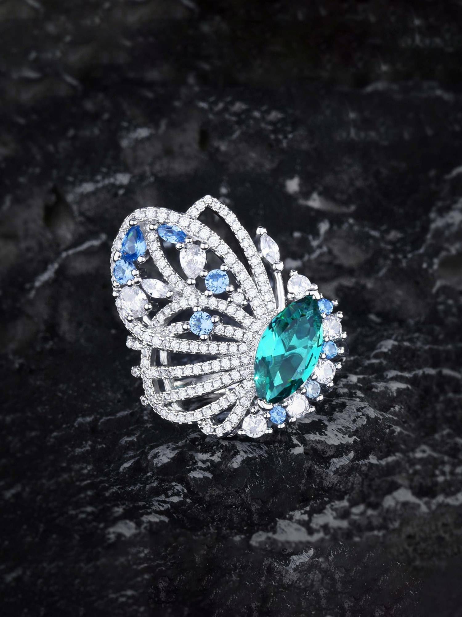 Jewels Galaxy Green Silver Plated Cubic Zirconia Studded Ring
