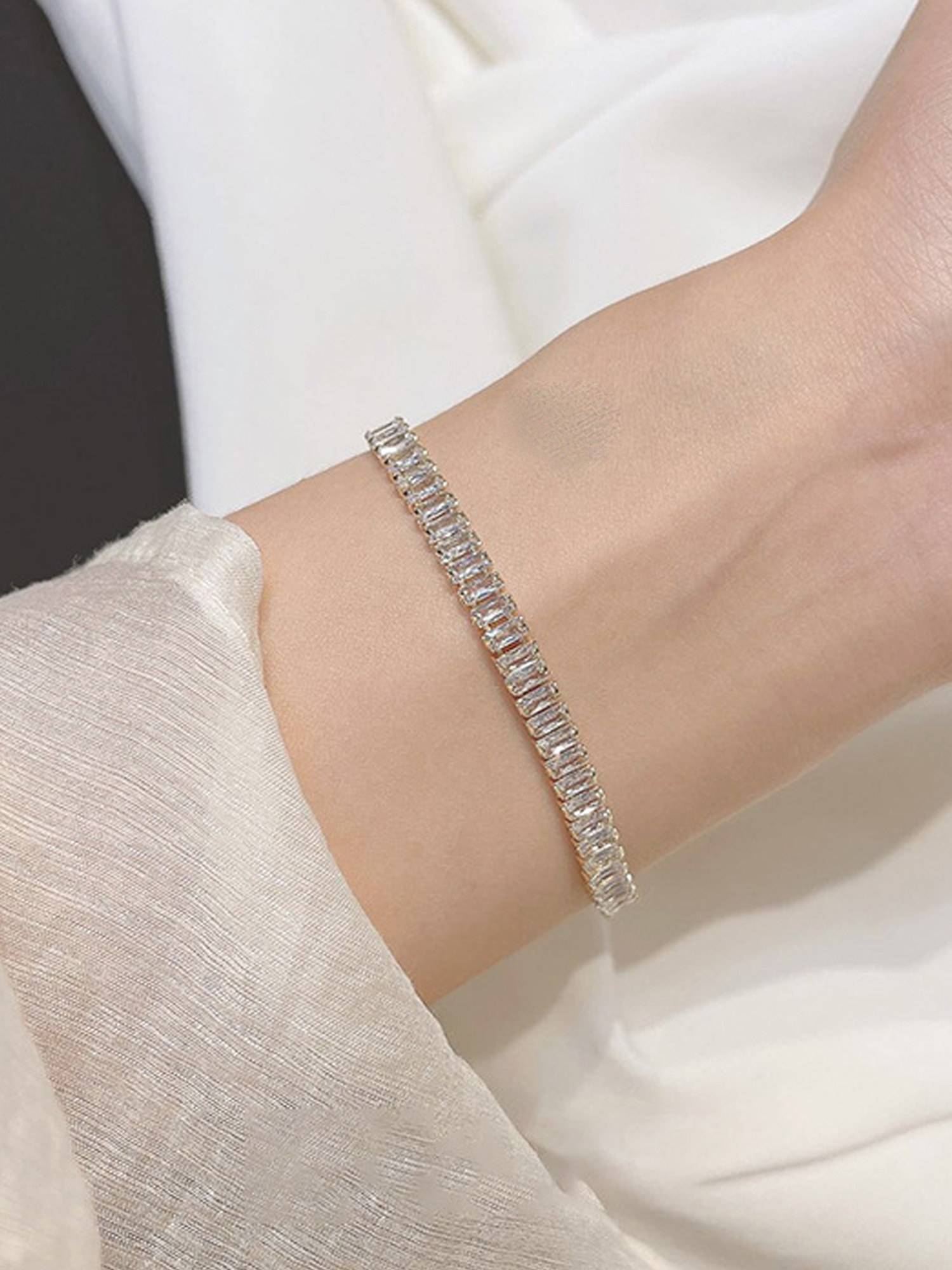 Jewels Galaxy Silver Plated Rectangular Cut Cubic Zirconia White Matrix Tennis Bracelet