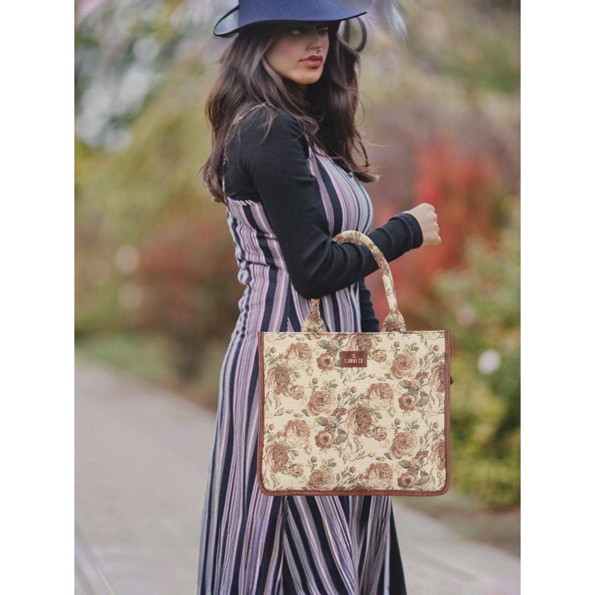 The Clownfish Opulence Series Printed Handicraft Faux Leather Tote Bag - Beige