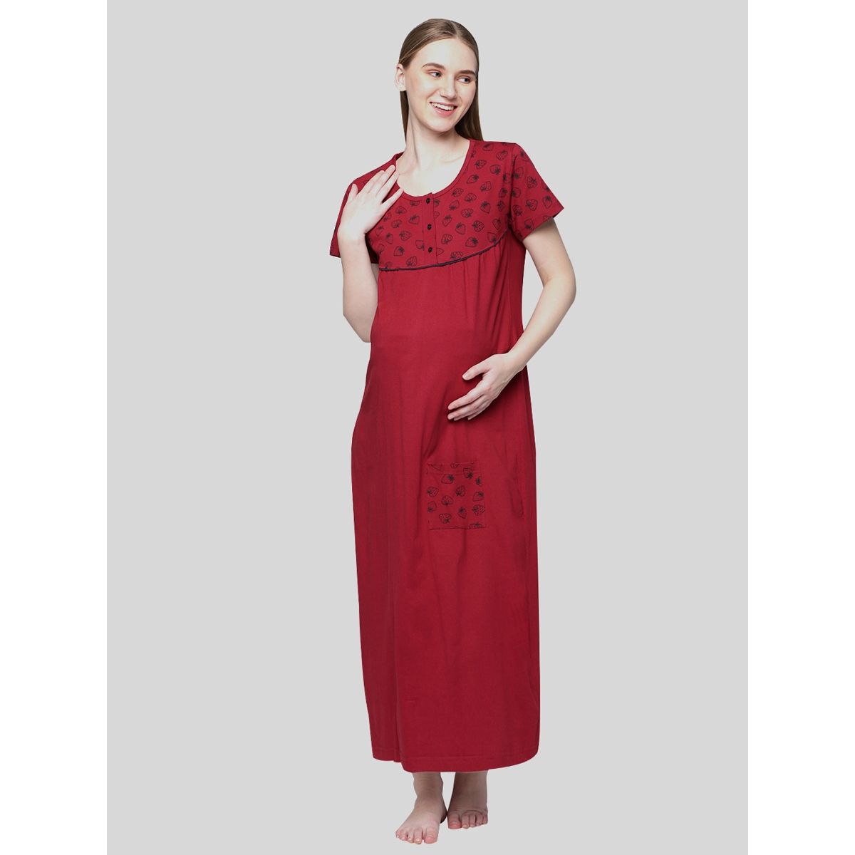 Kryptic Women Maroon Pure Cotton Printed Maternity Night Dress Buy