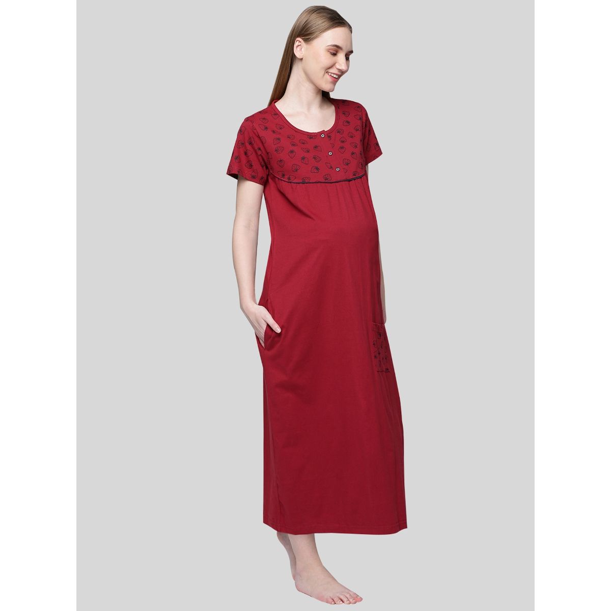 Kryptic Women Maroon Pure Cotton Printed Maternity Night Dress Buy