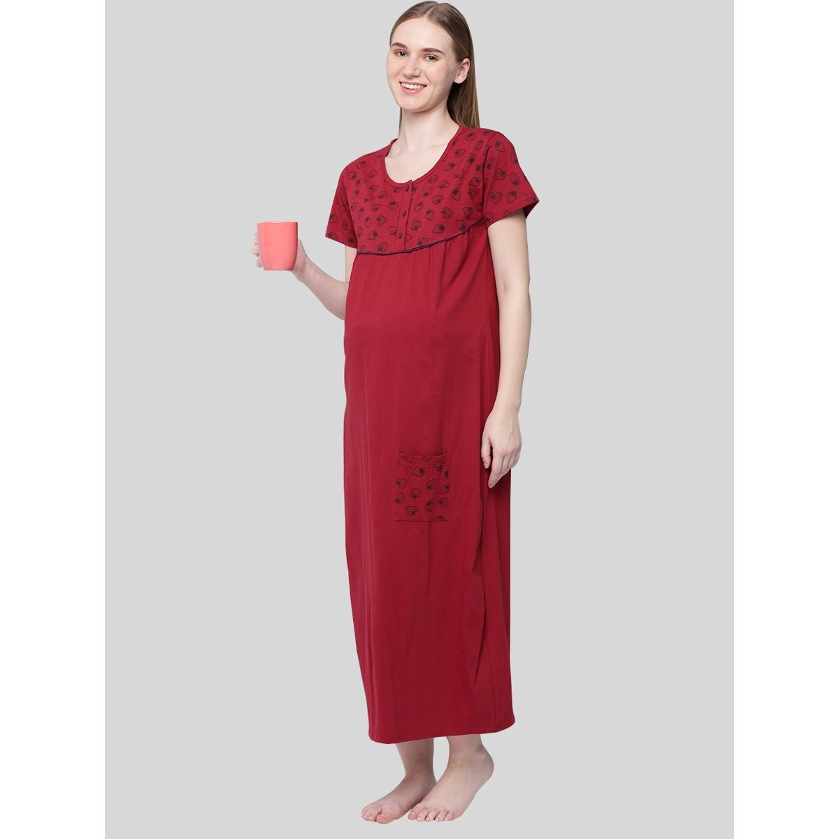 Kryptic Women Maroon Pure Cotton Printed Maternity Night Dress Buy