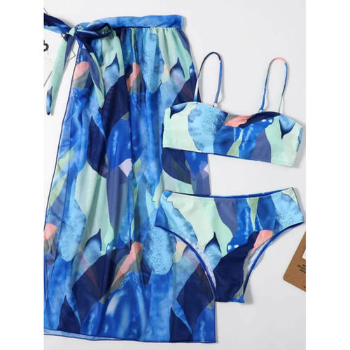 Tie Dye With Sarong Bra Cup Bikini Push Up Swimsuit Female Swimwear Women  Three-pieces Bikini set Bather Bathing Suit V2915B
