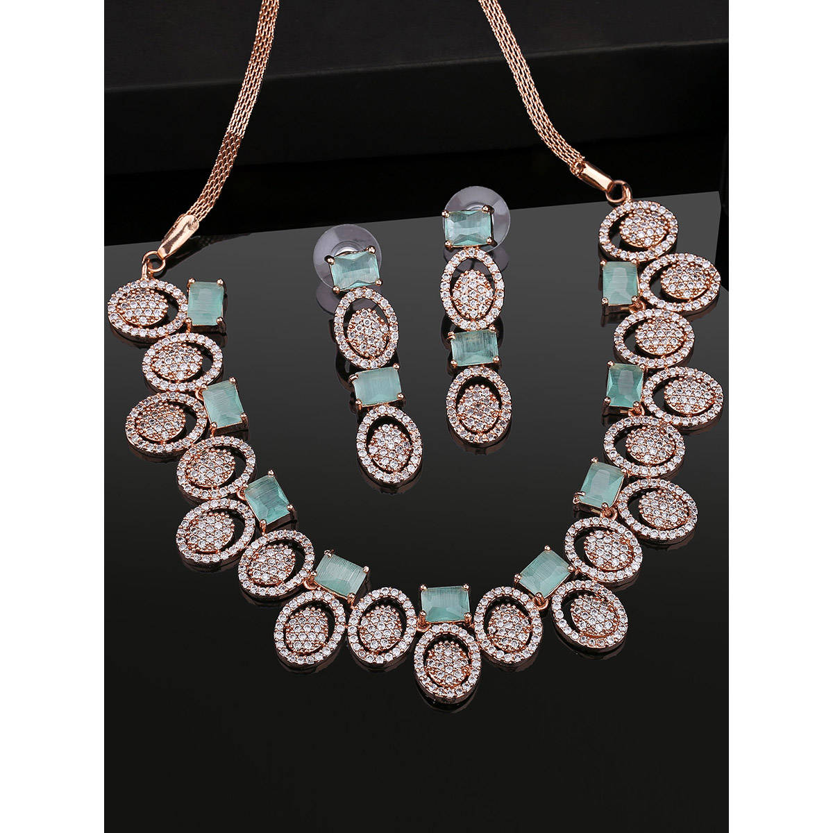 Estele Rose Gold Plated CZ Fascinating Necklace Set with Mint Green Crystal for Women