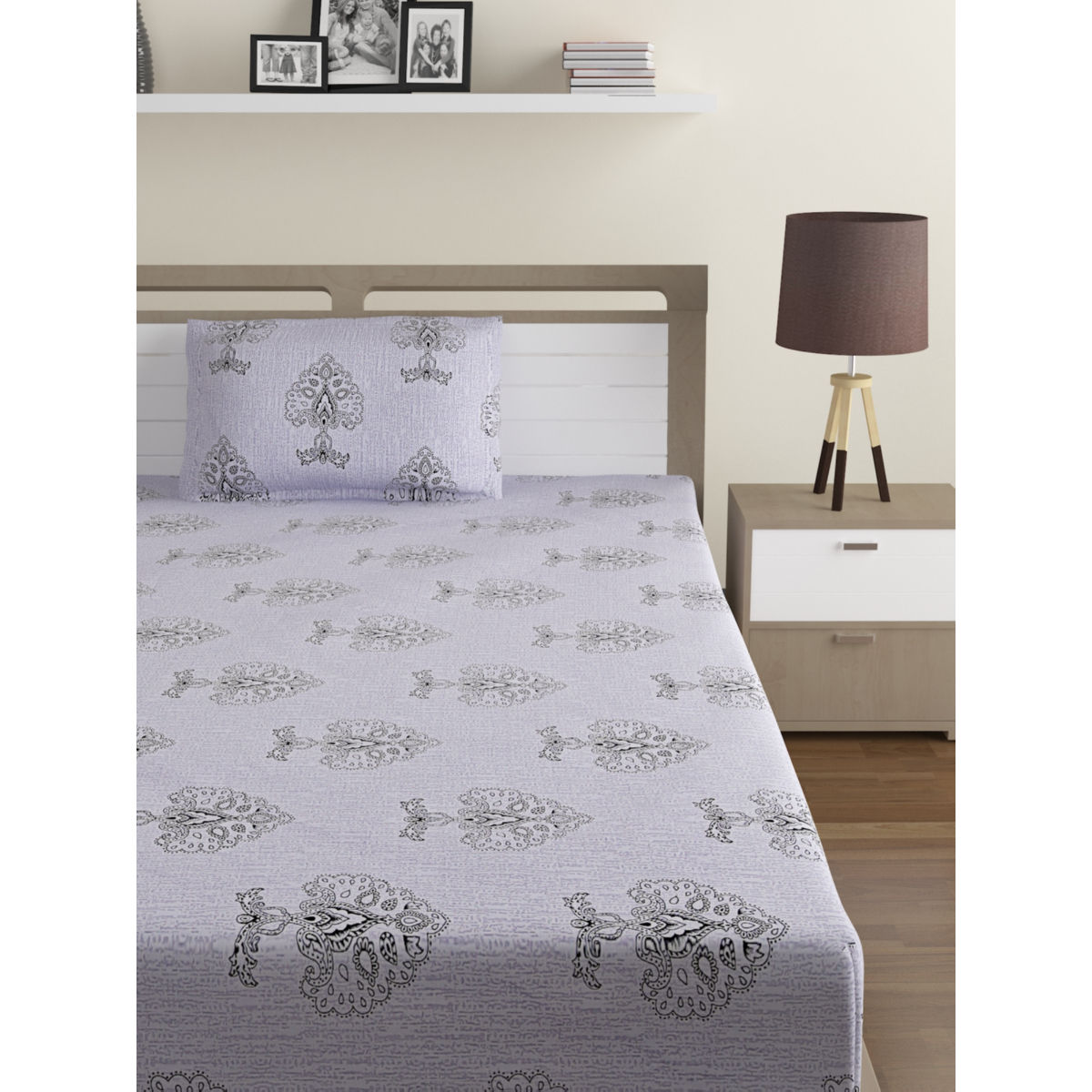 Swayam Premium 200 Tc Floral Single Bed Sheet With 1 Pillow Cover Beige