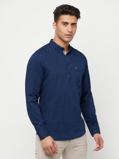 CRIMSOUNE CLUB Men Navy Blue Printed Kurta Shirt (S) (S)