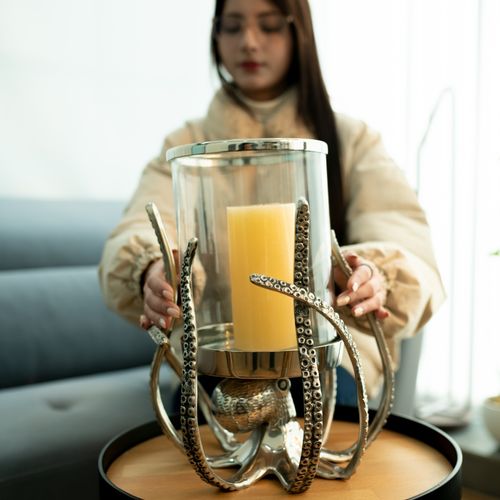 Large Silver Octopus Candle Hurricane Lantern | Home Sweet Home