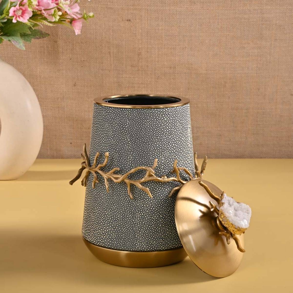 Gibox Petunia Decorative Storage Green Jar With Lid Gold Plated Premium Quality