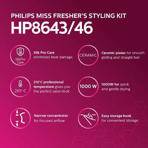 Philips Miss Fresher's Styling Kit with Straightener and Dryer (HP8643/46):  Buy Philips Miss Fresher's Styling Kit with Straightener and Dryer  (HP8643/46) Online at Best Price in India | Nykaa
