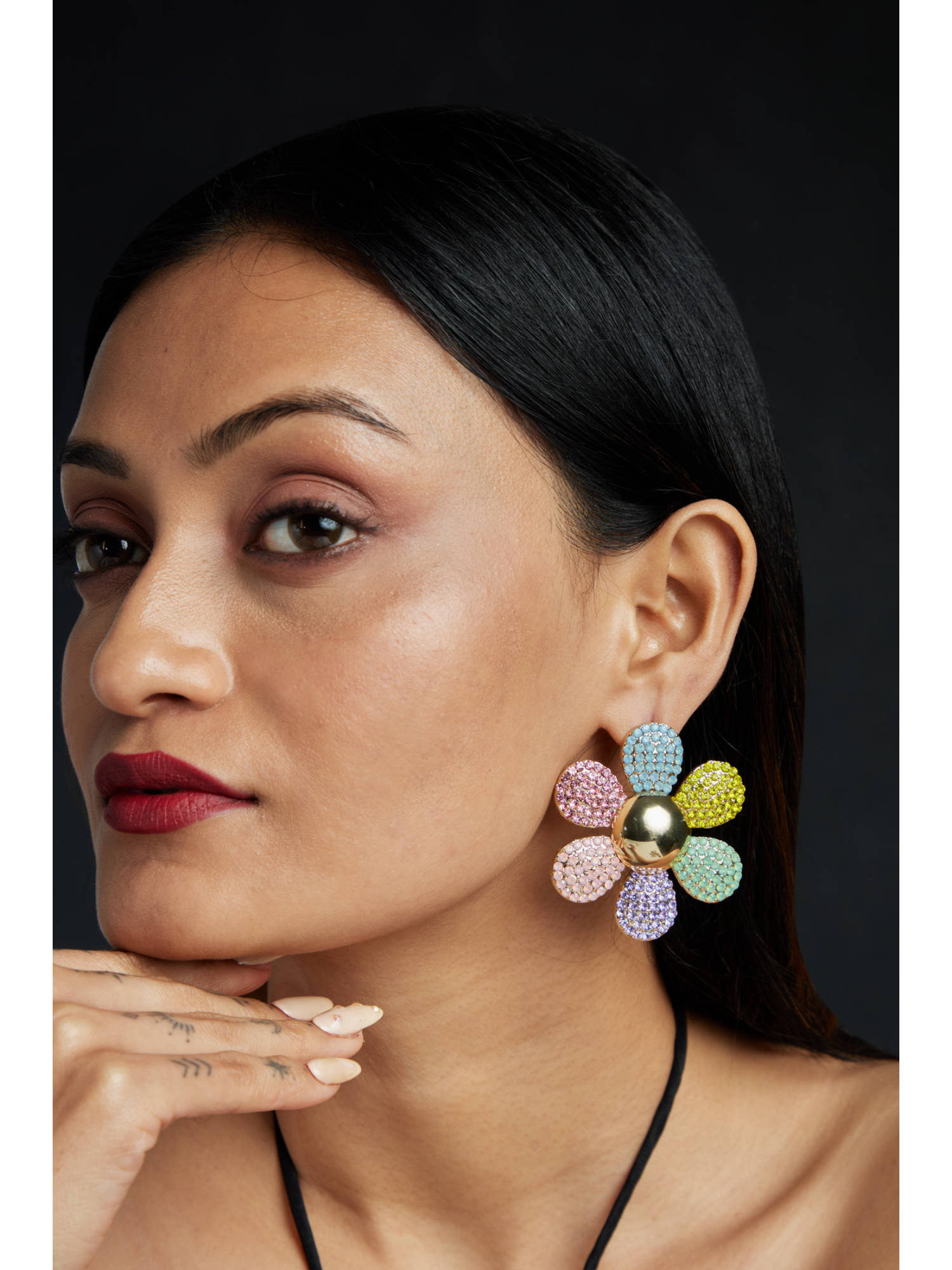 AMOSSH Multi-Color Rhinestone Flower Shaped Colorful Earrings