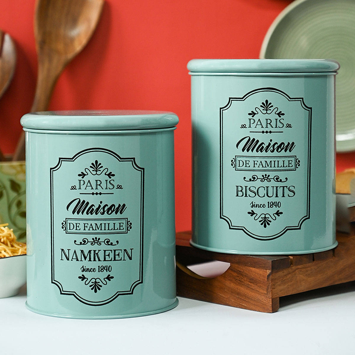 Metal Biscuite & Namkeen Jar Set - Green & Each 1700 Ml