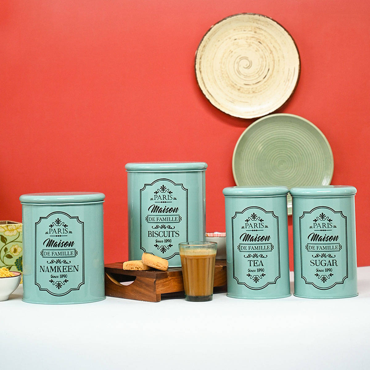 Metal Tea & Sugar Jar (Each 900 Ml) + Cookie & Namkeen Jar (Each 1700 Ml) - Green