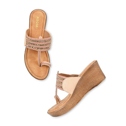Block Heels Kolhapuri Wedges Myntra Rocia Women Brown Embellished