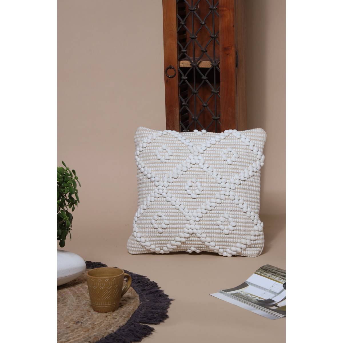 SANSKRUTIHOMES White Quirky Cotton Cushion Cover (18x18 inches)