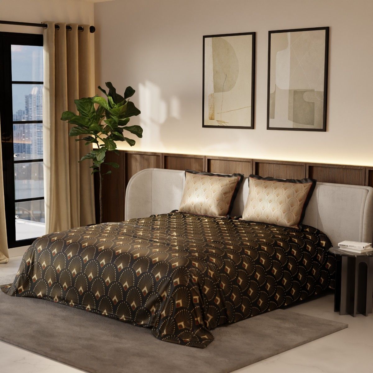 Stoa Paris Printed Brown 300 Tc Satin Bedsheet with 2 Pillow Covers (King)