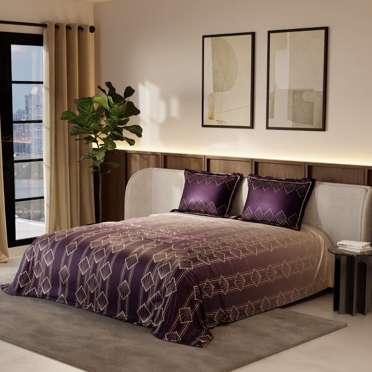 Stoa Paris Geometric Purple 300 Tc Satin Bedsheet with 2 Pillow Covers (King)