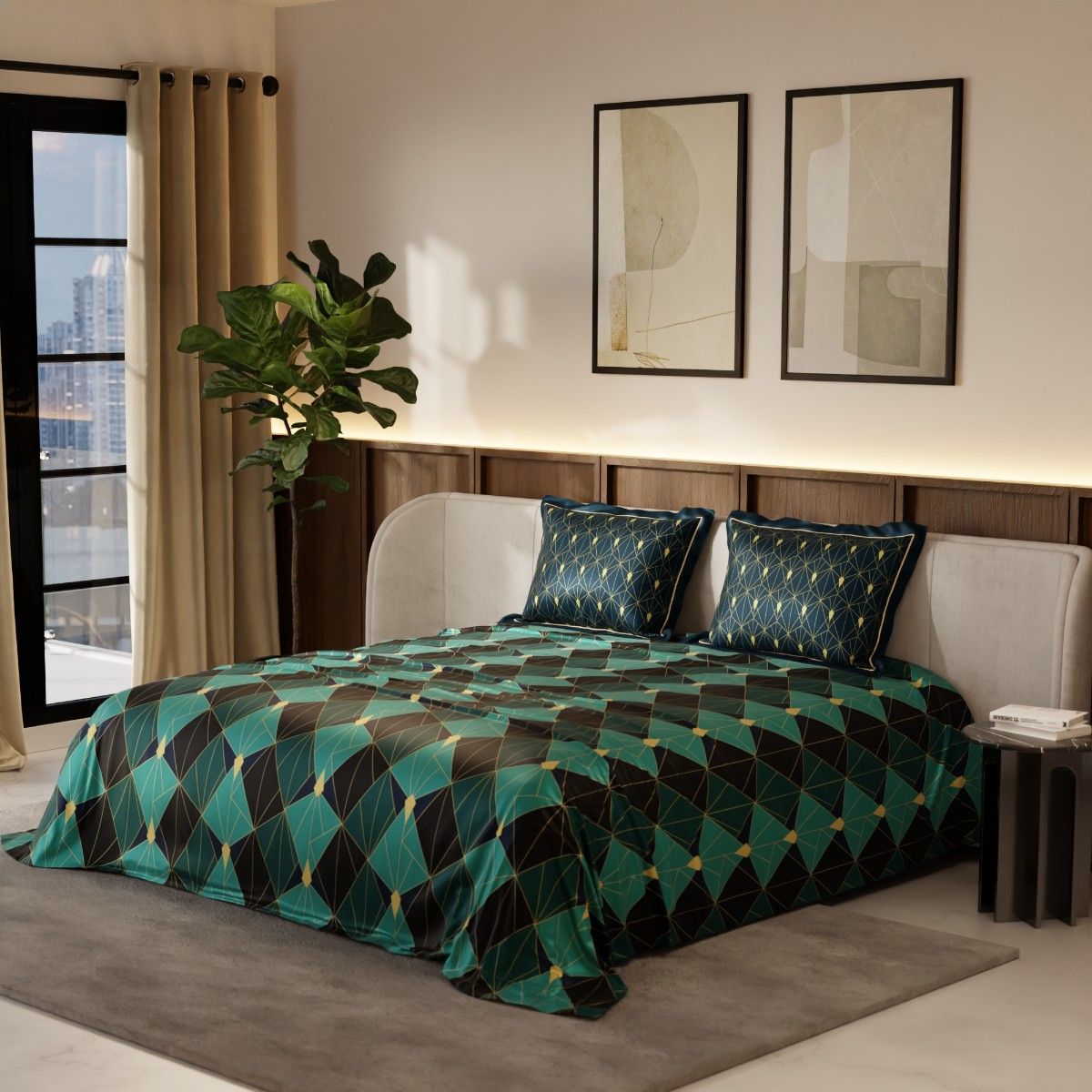 Stoa Paris Geometric Green 300 Tc Satin Bedsheet with 2 Pillow Covers (King)