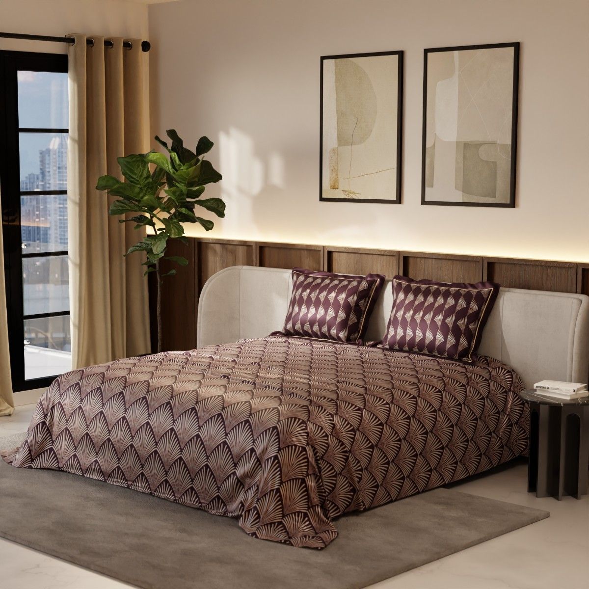 Stoa Paris Printed Wine 300 Tc Satin Bedsheet with 2 Pillow Covers (King)