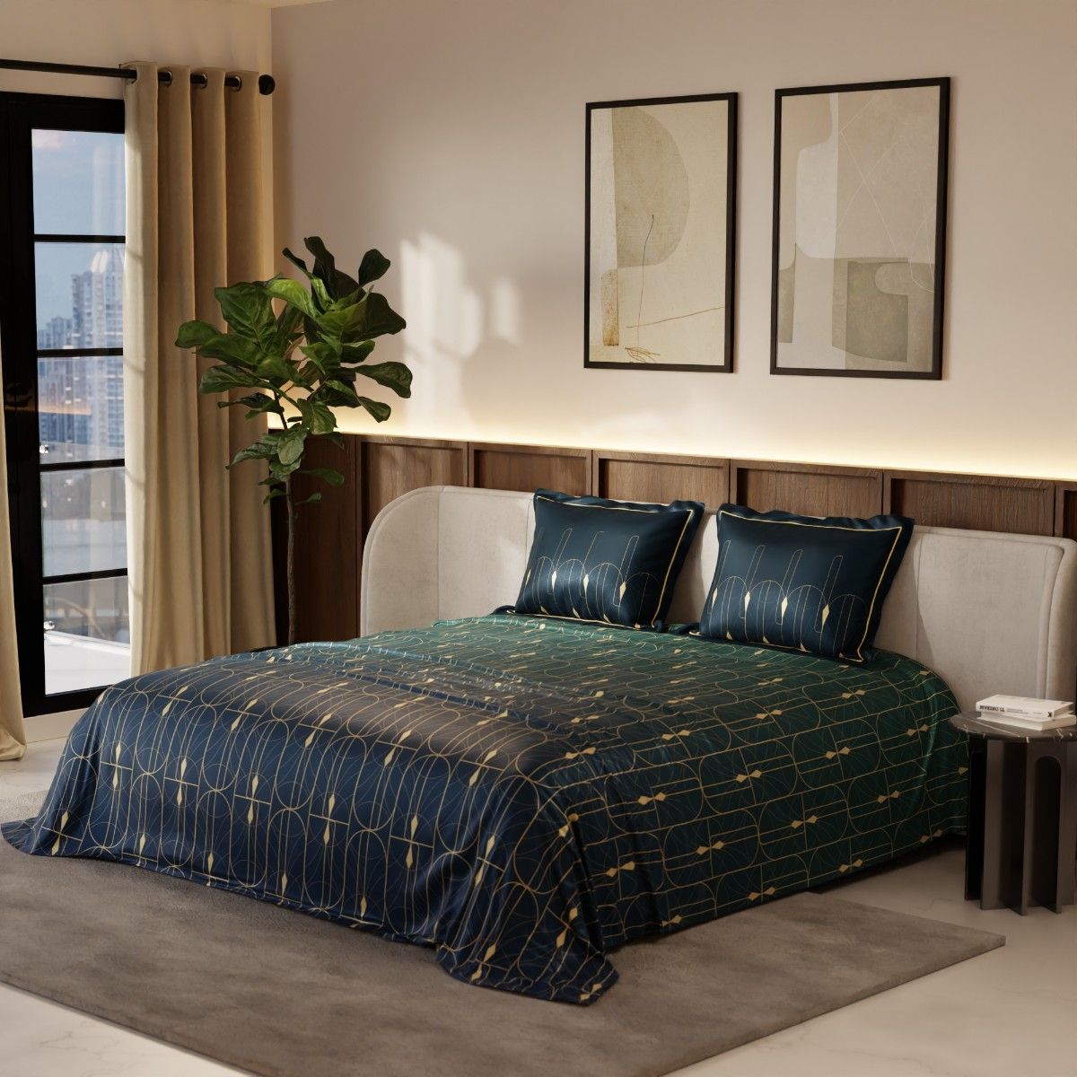 Stoa Paris Printed Green 300 Tc Satin Bedsheet with 2 Pillow Covers (King)