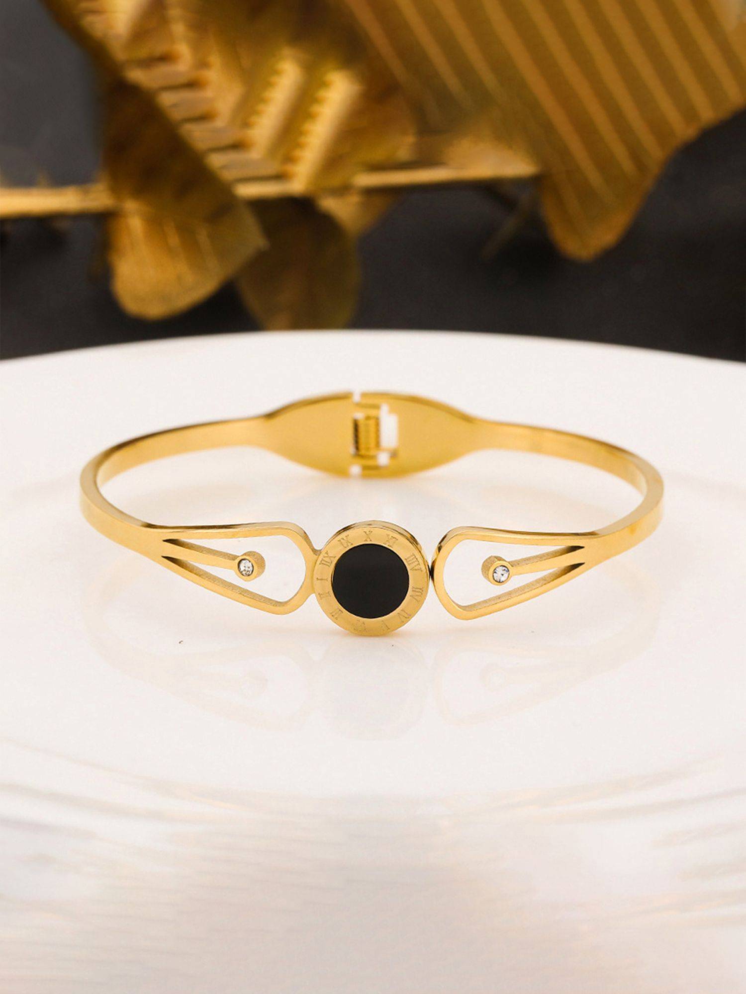 Jewels Galaxy Gold Plated Stainless Steel Roman Numerals Anti Tarnish Geometric Bracelet