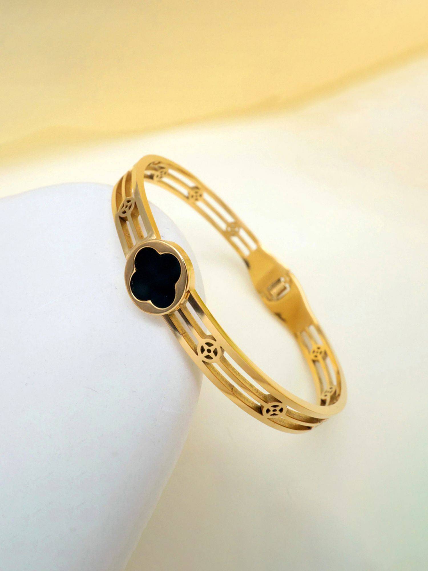 Jewels Galaxy Gold Plated Stainless Steel Clover Themed Anti Tarnish Bangle Style Bracelet