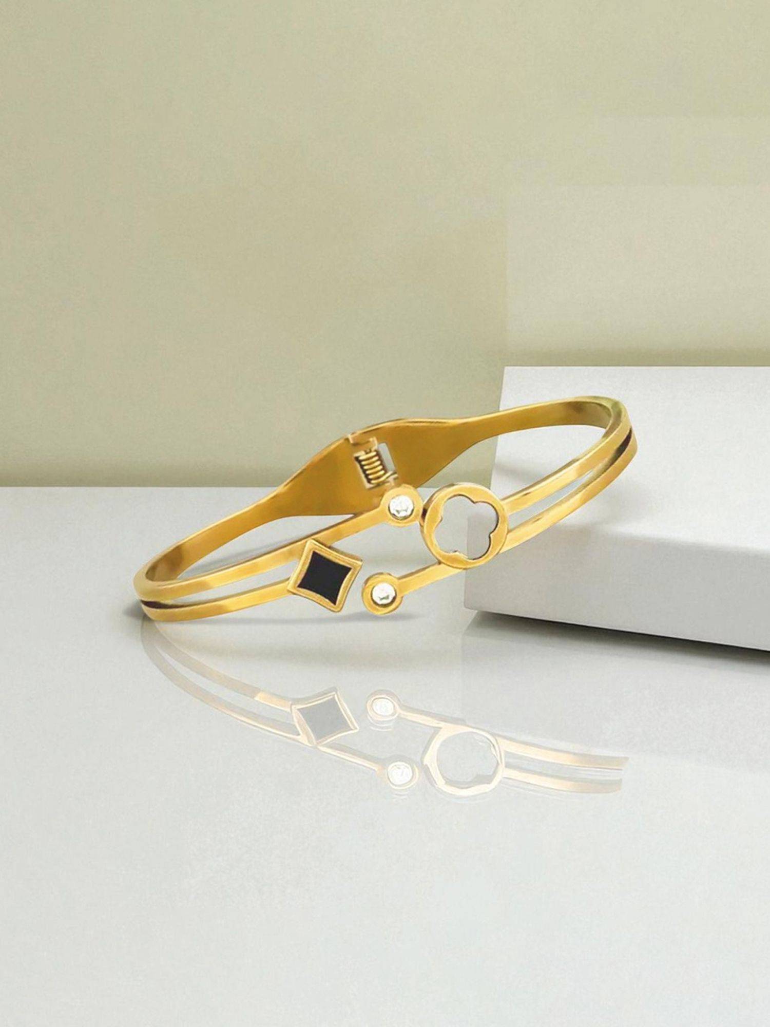 Jewels Galaxy Gold Plated Stainless Steel Clover Themed Anti Tarnish Bangle Style Bracelet