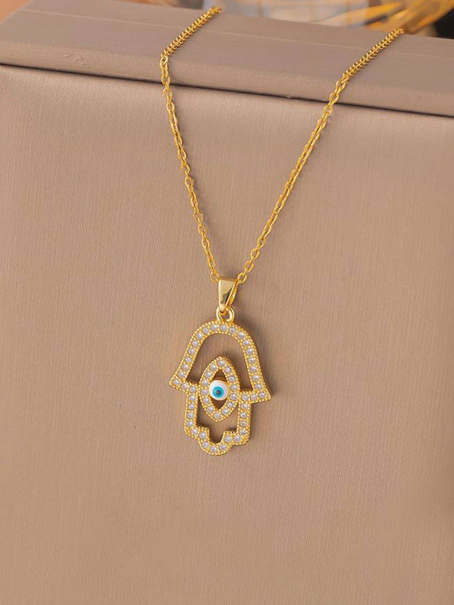 Jewels Galaxy Gold Plated Anti Tarnish Stainless Steel Evil Eye Themed Buddha Hand Necklace