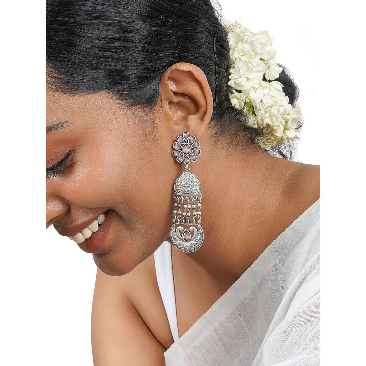 Teejh Bina Floral Pink Silver Oxidised Earrings