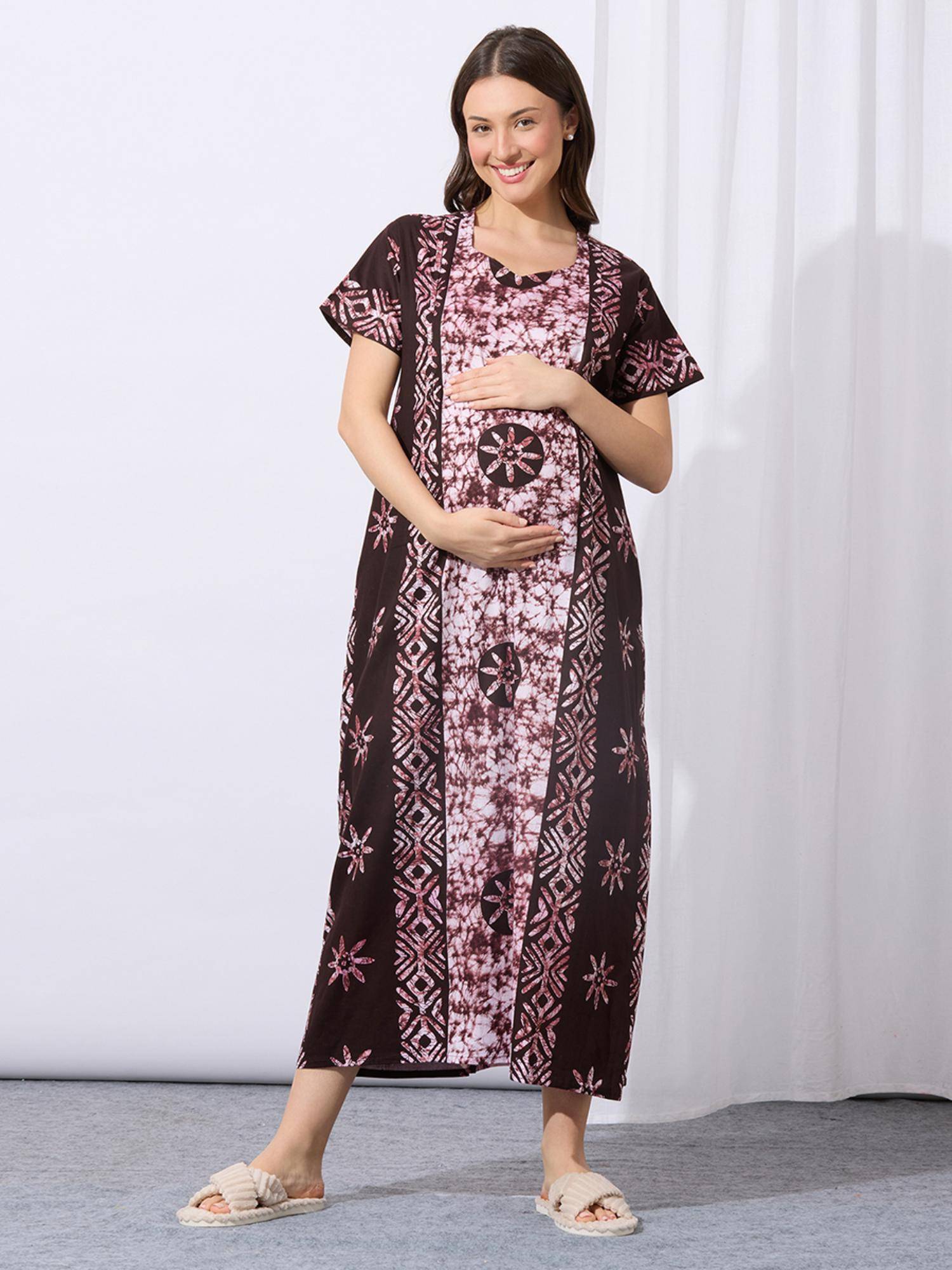 MomToBe Women Coffee Brown Printed A-Line Feeding Nighty